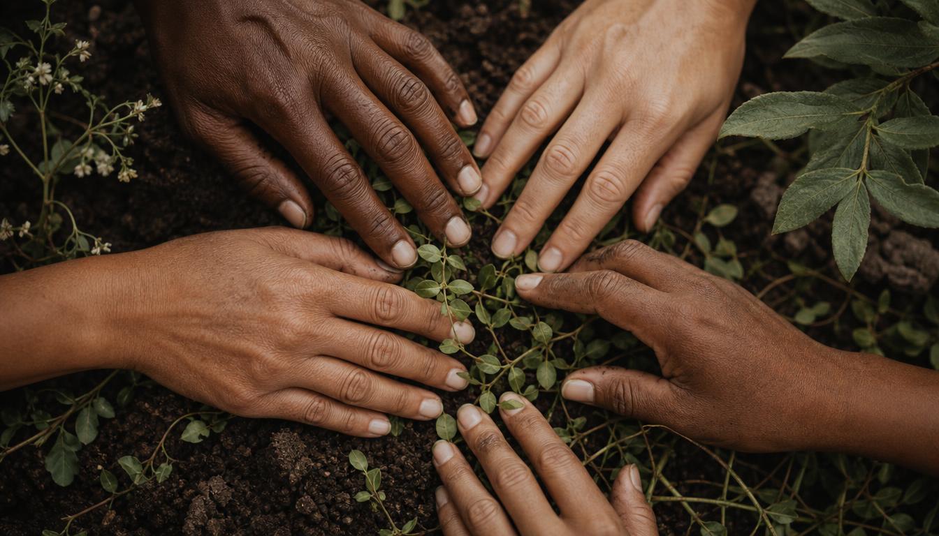 Diverse hands gathered around new growth in rich soil, symbolizing cultural roots and belonging